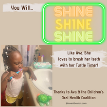 Load image into Gallery viewer, African-American girl from Cook Children's Oral Health Coalition brushing teeth watching her two minute turtle timer on bathroom counter