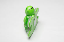 Load image into Gallery viewer, standing side view of green two minute turtle timer with the velcro on the back
