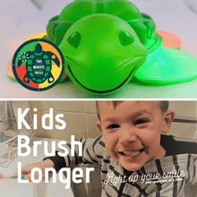 Load image into Gallery viewer, boy toothbrushing smiles and green two minute turtle timer smiles
